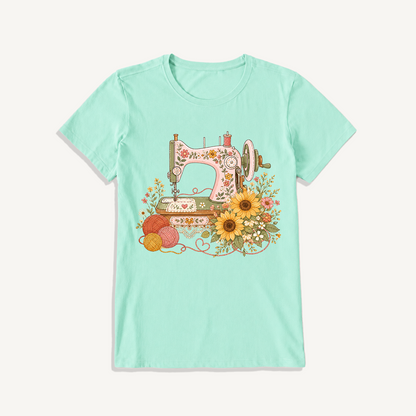 Vintage Floral Sewing Nook Print Crew Neck Cotton Tee