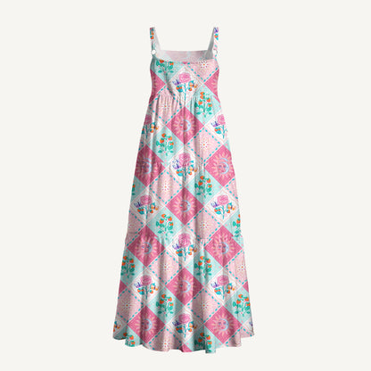 Vibrant Garden Patchwork Wide Straps Maxi Dress With Pockets