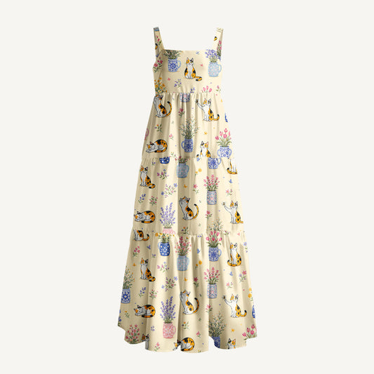 Vintage Floral Cats Print Wide Straps Maxi Dress With Pockets