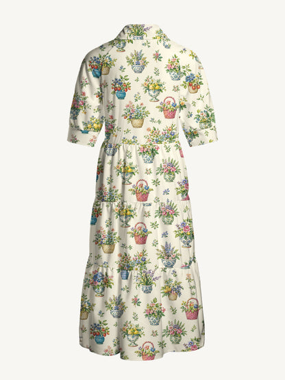 V Neck Collared Garden Baskets  Print Casual Midi Dress With Pockets