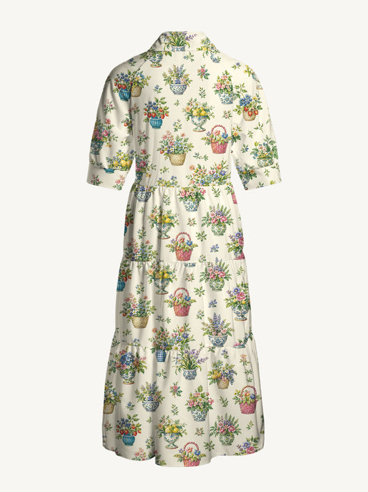 V Neck Collared Garden Baskets  Print Casual Midi Dress With Pockets