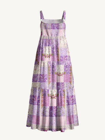 Purple Meadow Vintage Patchwork Print Wide Straps Maxi Dress With Pockets