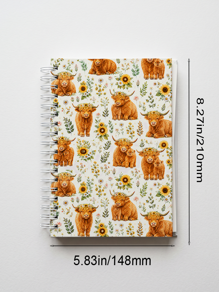 Spring Highland Cow Floral Print A5 Spiral Notebook