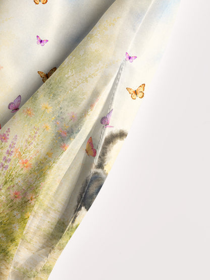 Black Cat in Blooming Garden Watercolor Print Wide Straps Maxi Dress With Pockets
