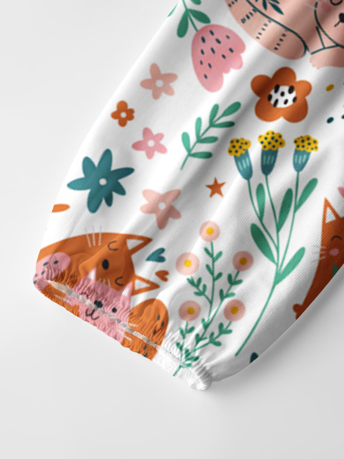 Floral Cozy Cat Print Boho Long Sleeve Tie‑Neck Blouse