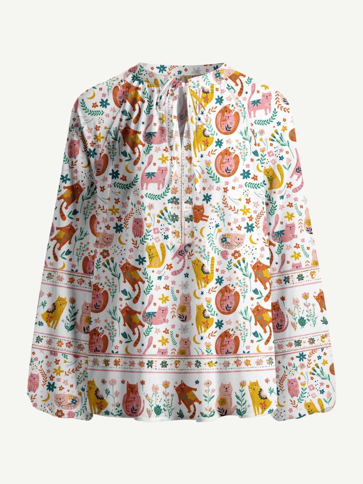 Floral Cozy Cat Print Boho Long Sleeve Tie‑Neck Blouse