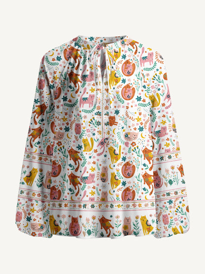 Floral Cozy Cat Print Boho Long Sleeve Tie‑Neck Blouse