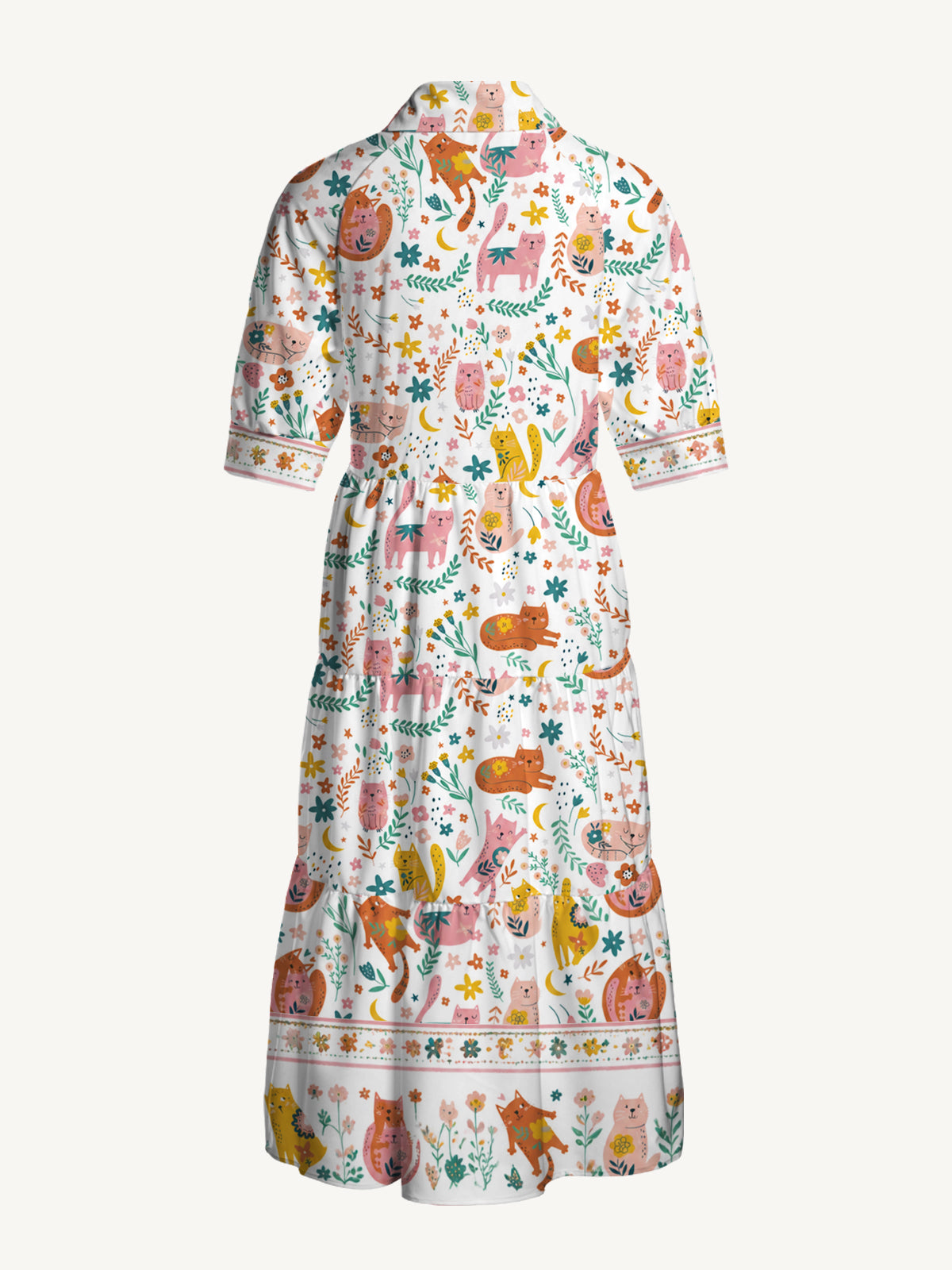 V Neck Collared Floral Cozy Cat Print Casual Midi Dress With Pockets