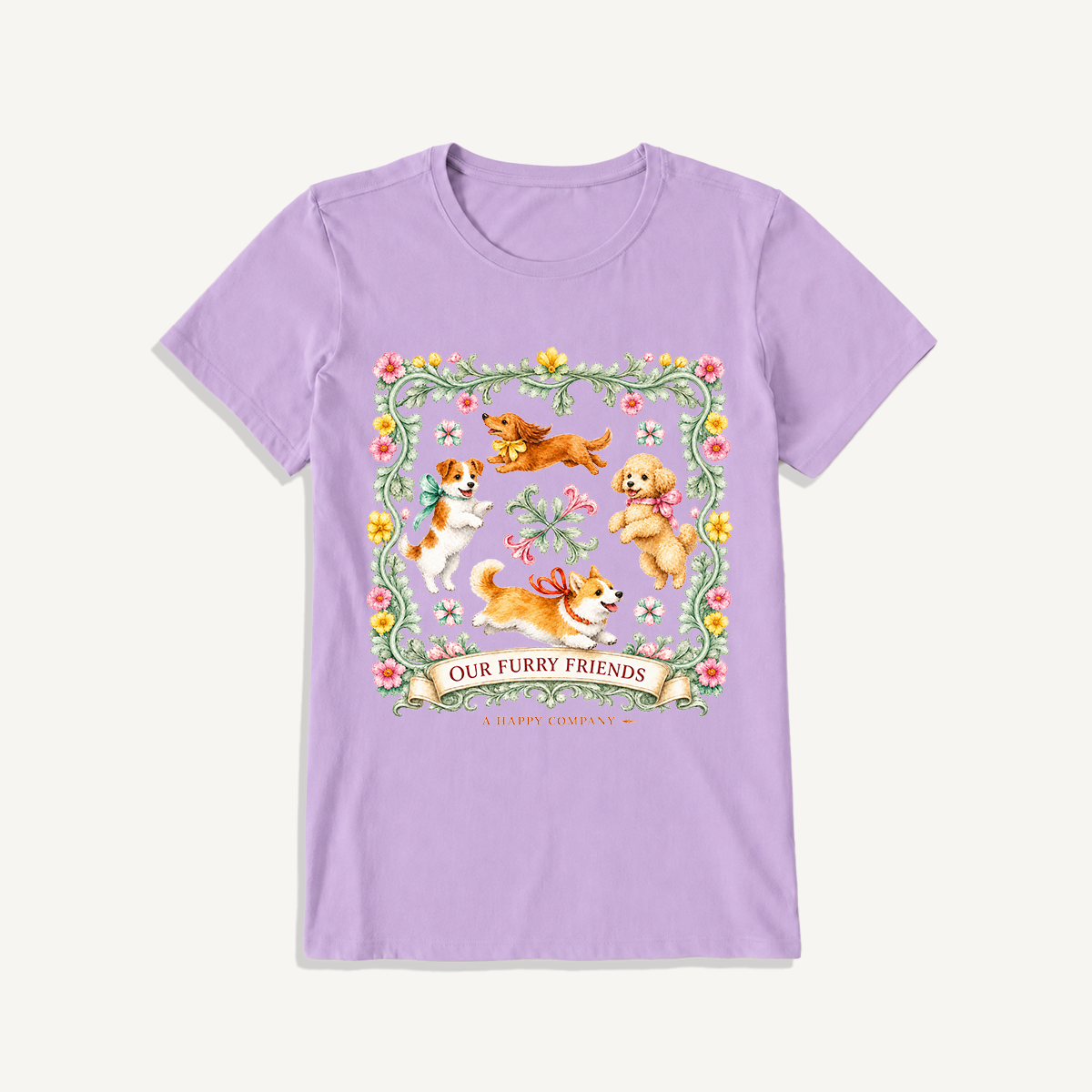 Playful Furry Friends Print Crew Neck Cotton Tee