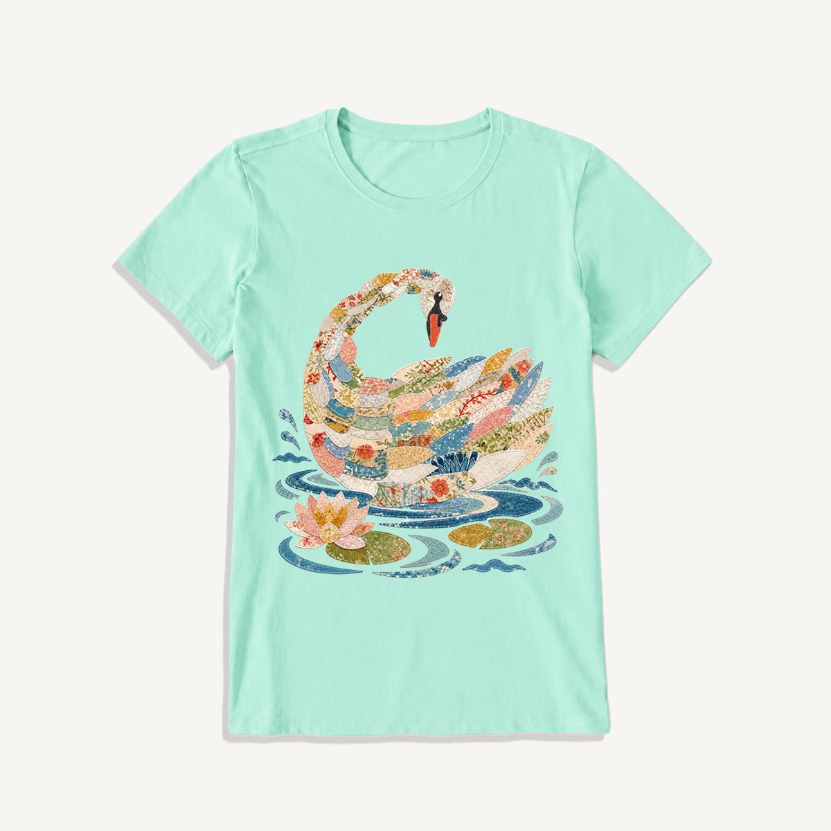 Patchwork Swan Garden Print Crew Neck Cotton Tee