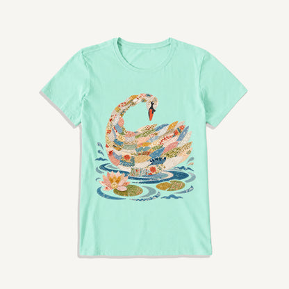 Patchwork Swan Garden Print Crew Neck Cotton Tee