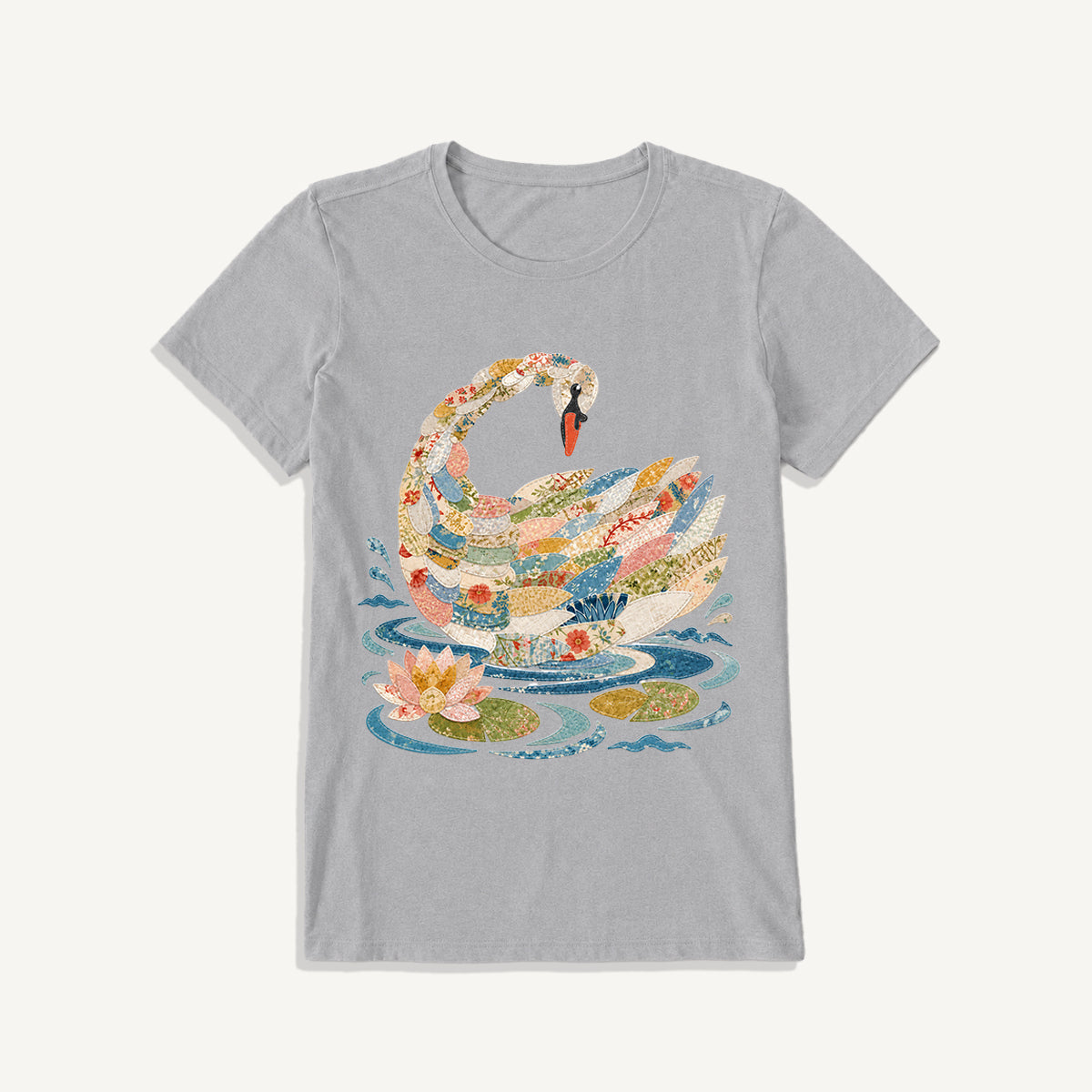 Patchwork Swan Garden Print Crew Neck Cotton Tee