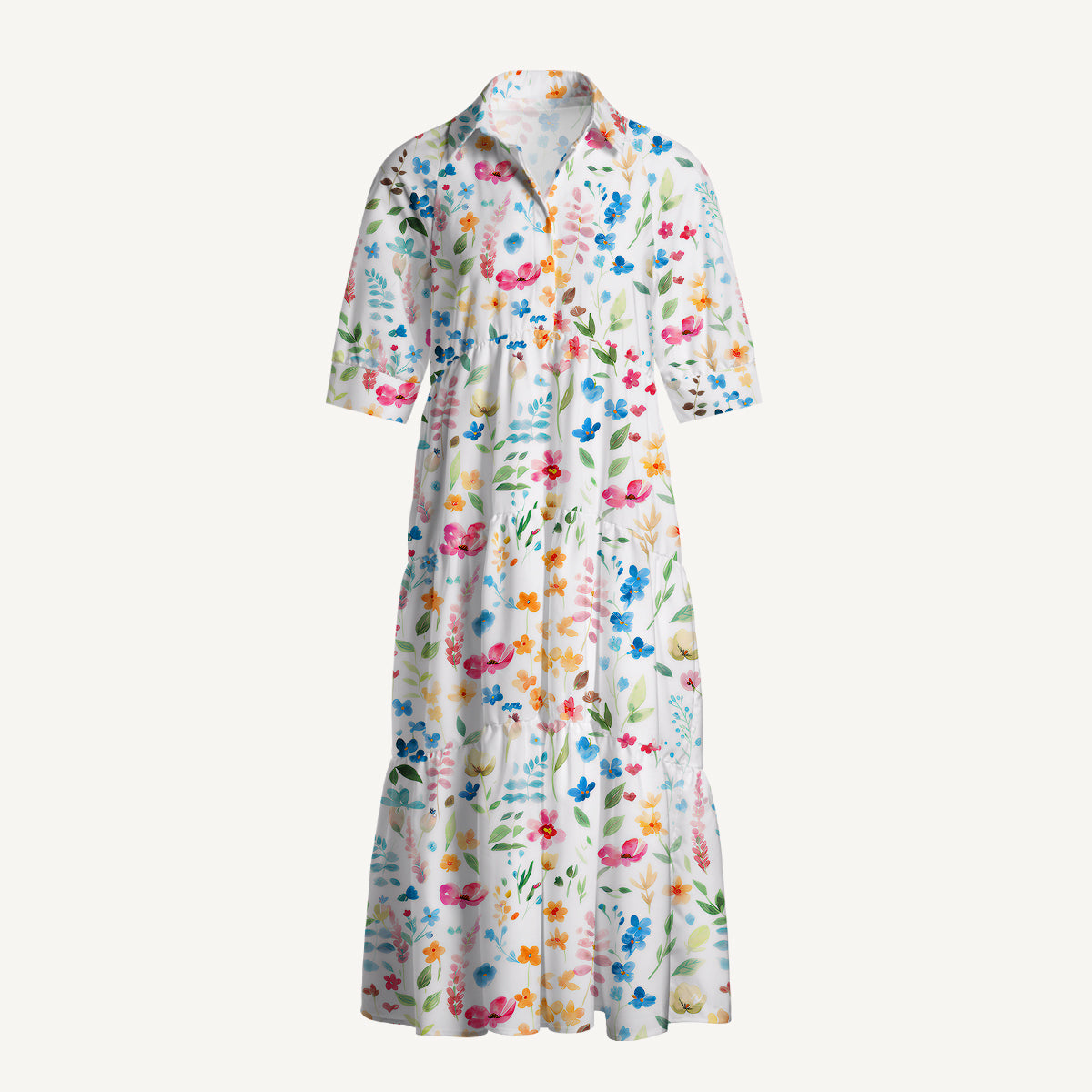 V Neck Collared Wildflower Dream Print Casual Midi Dress With Pockets