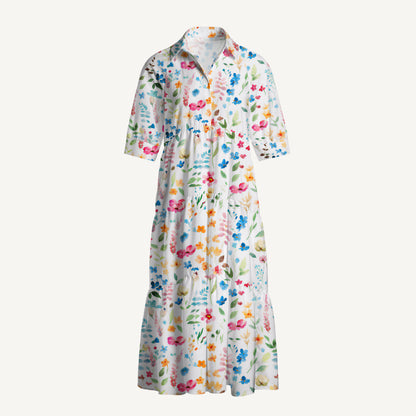V Neck Collared Wildflower Dream Print Casual Midi Dress With Pockets