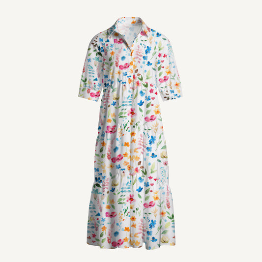V Neck Collared Wildflower Dream Print Casual Midi Dress With Pockets