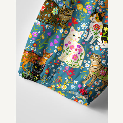 Colorful Garden Cat Pattern Print Boho Tie‑Neck Smock Mini Dress