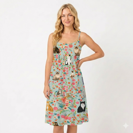 Flower Cat Spaghetti Strap Mini Dress