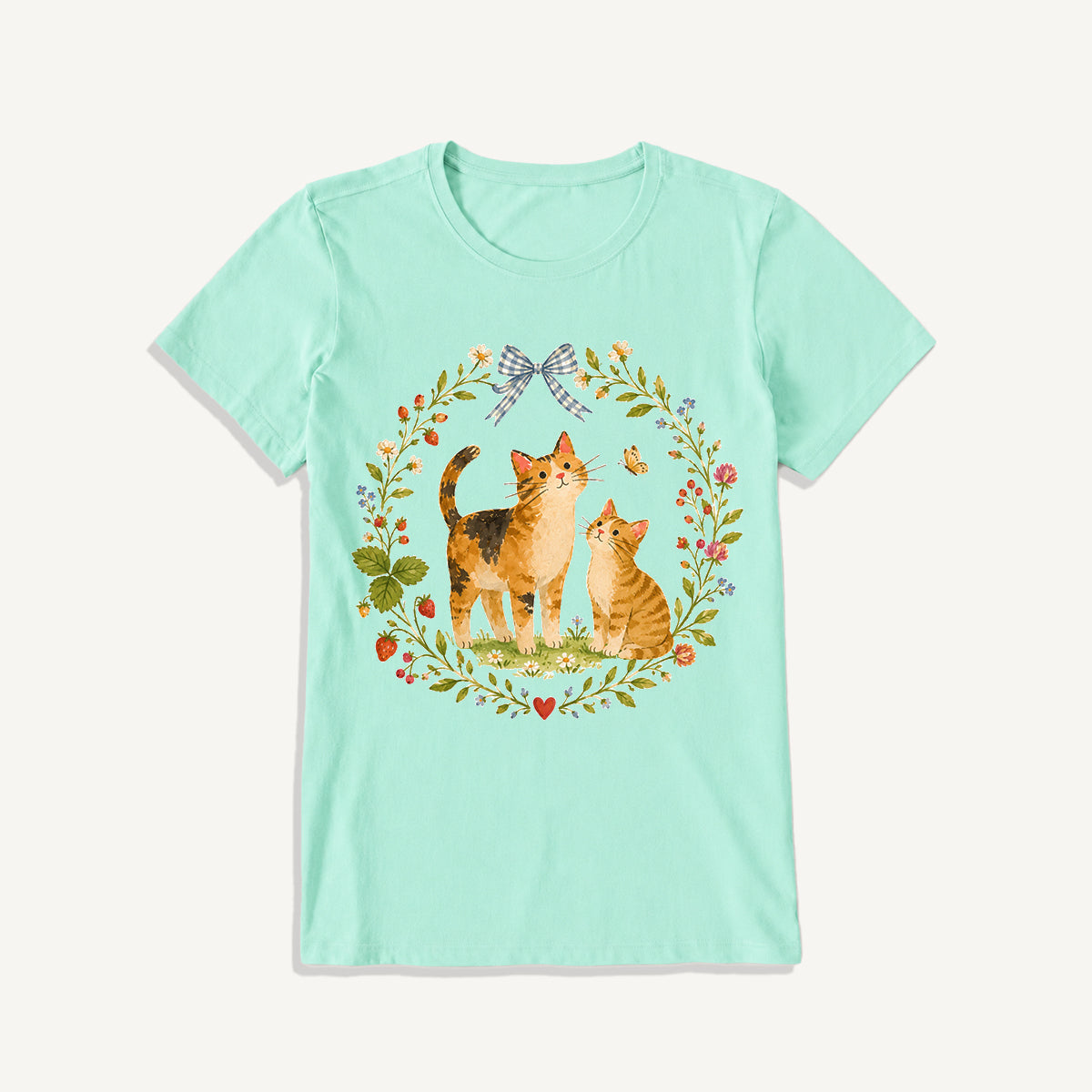 Strawberry Garden Cats Print Crew Neck Cotton Tee