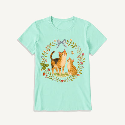 Strawberry Garden Cats Print Crew Neck Cotton Tee