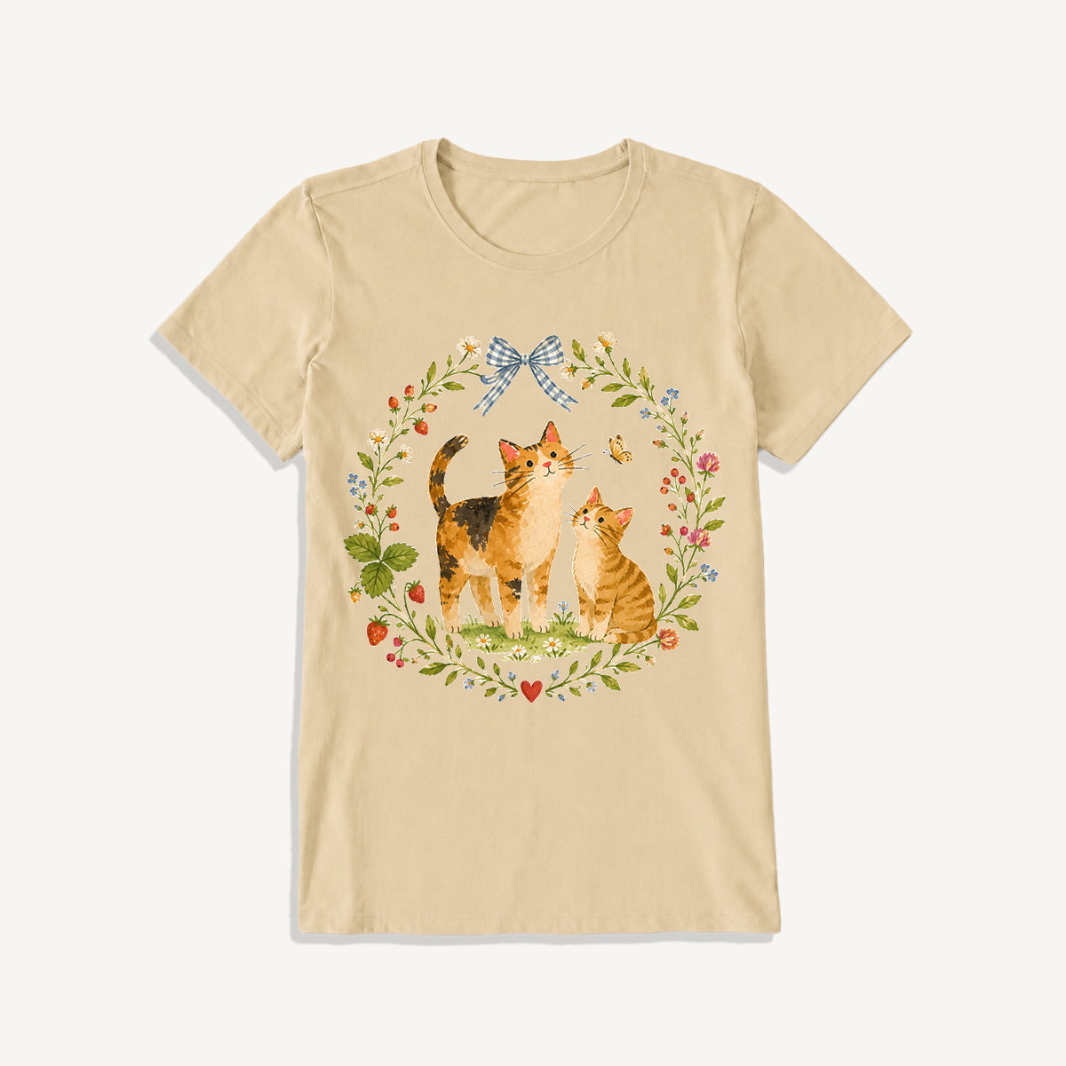 Strawberry Garden Cats Print Crew Neck Cotton Tee