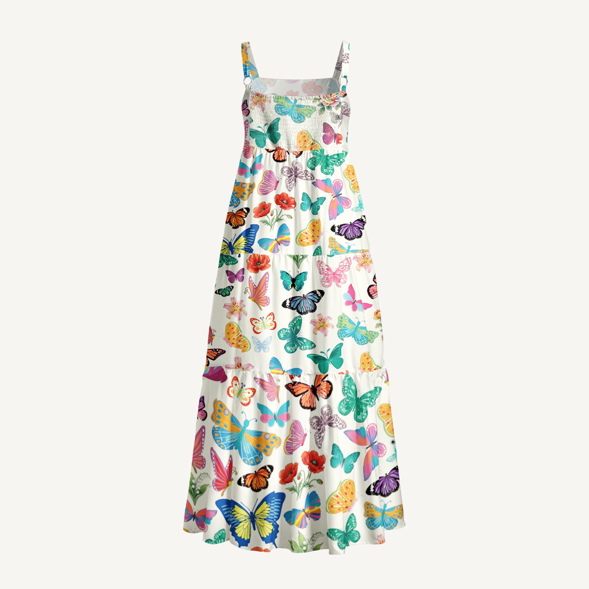 Rainbow Butterfly Garden Print Wide Straps Maxi Dress With Pockets