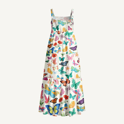 Rainbow Butterfly Garden Print Wide Straps Maxi Dress With Pockets