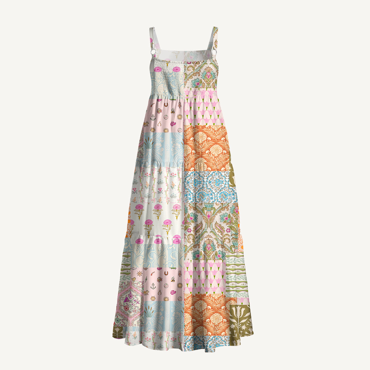 Timeless Floral Patchwork Wide Straps Maxi Dress With Pockets