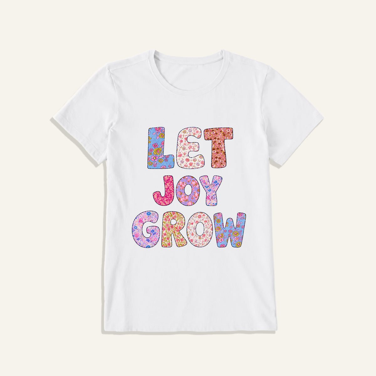 Let Joy Grow Floral Letters Print Crew Neck Cotton Tee