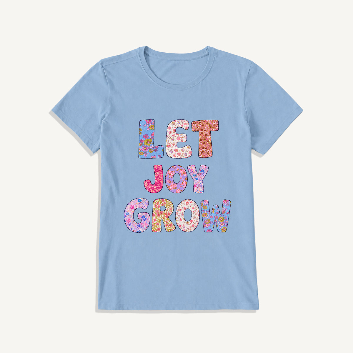 Let Joy Grow Floral Letters Print Crew Neck Cotton Tee