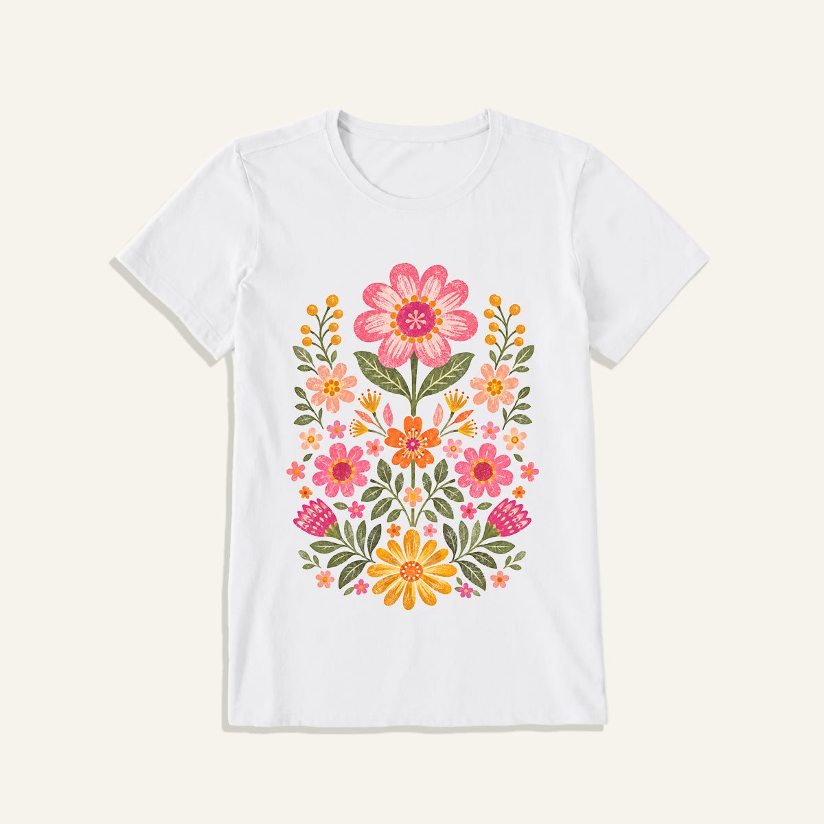 Retro Folk Garden Bloom Print Crew Neck Cotton Tee