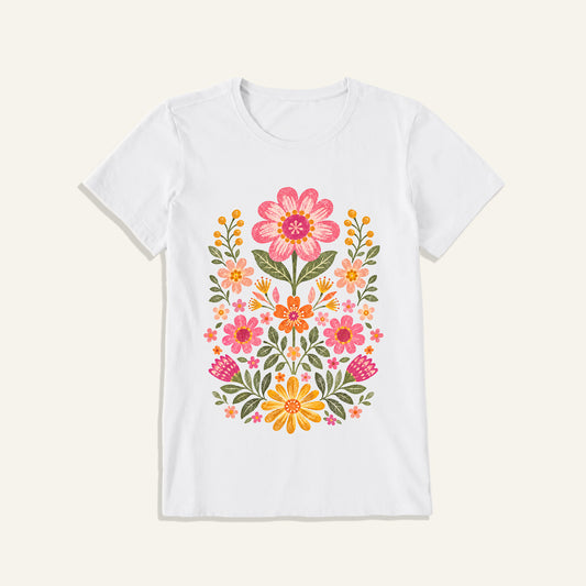 Retro Folk Garden Bloom Print Crew Neck Cotton Tee