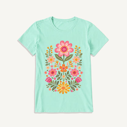 Retro Folk Garden Bloom Print Crew Neck Cotton Tee