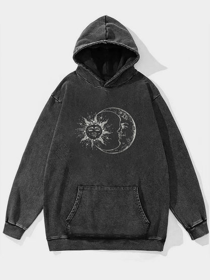 Plus Size Vintage Sun And Moom Graphic Street Washed Hoodie