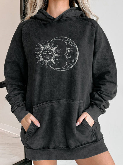 Plus Size Vintage Sun And Moom Graphic Street Washed Hoodie