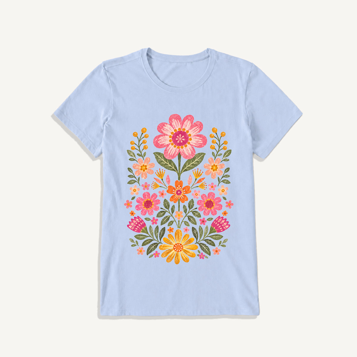 Retro Folk Garden Bloom Print Crew Neck Cotton Tee