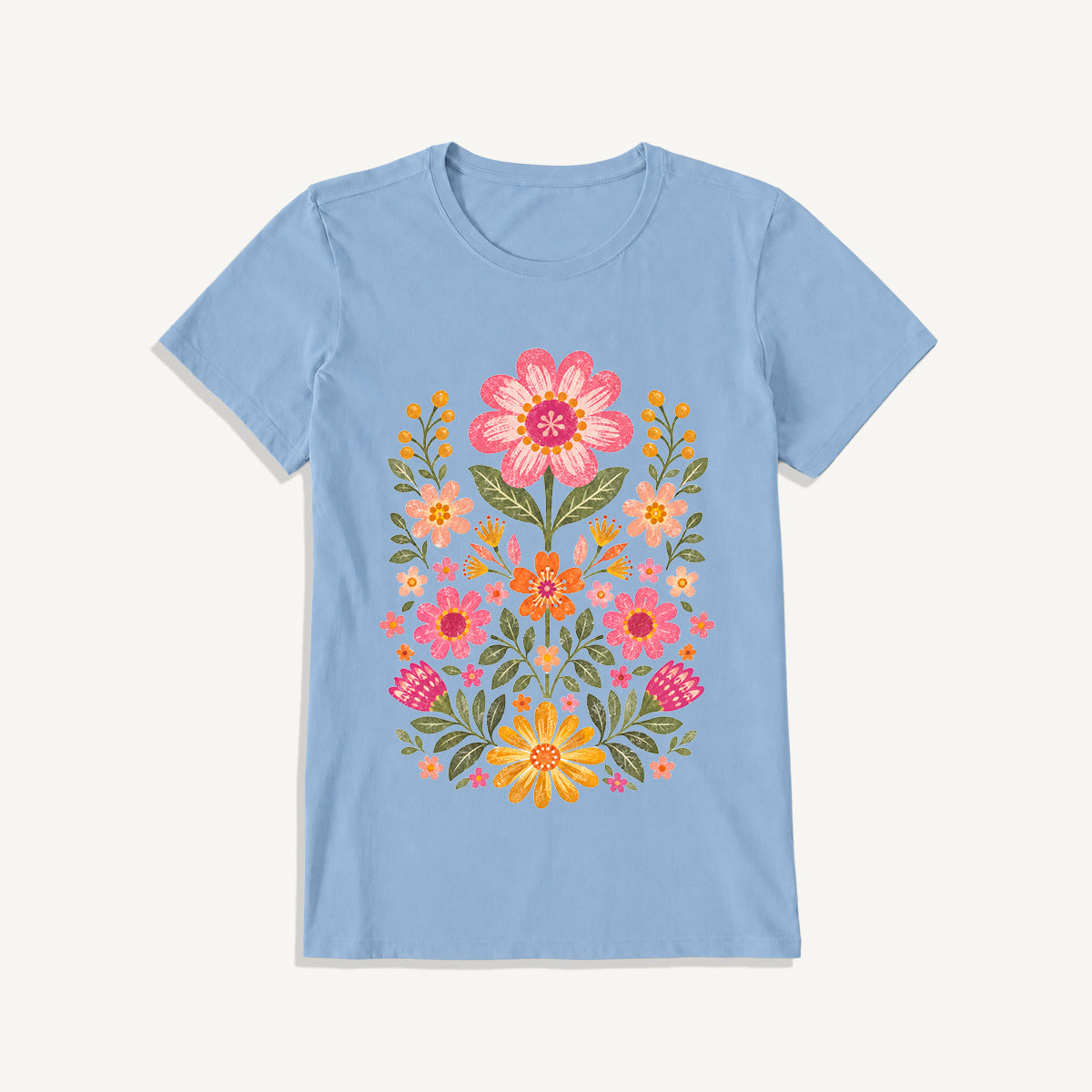 Retro Folk Garden Bloom Print Crew Neck Cotton Tee