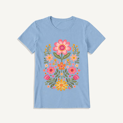 Retro Folk Garden Bloom Print Crew Neck Cotton Tee