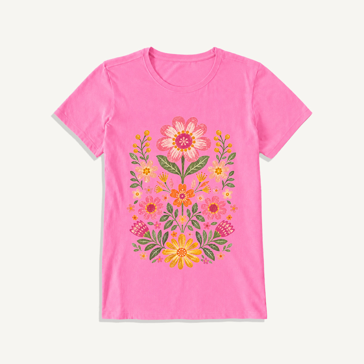 Retro Folk Garden Bloom Print Crew Neck Cotton Tee