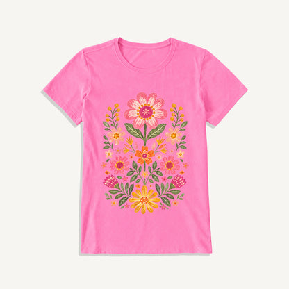 Retro Folk Garden Bloom Print Crew Neck Cotton Tee