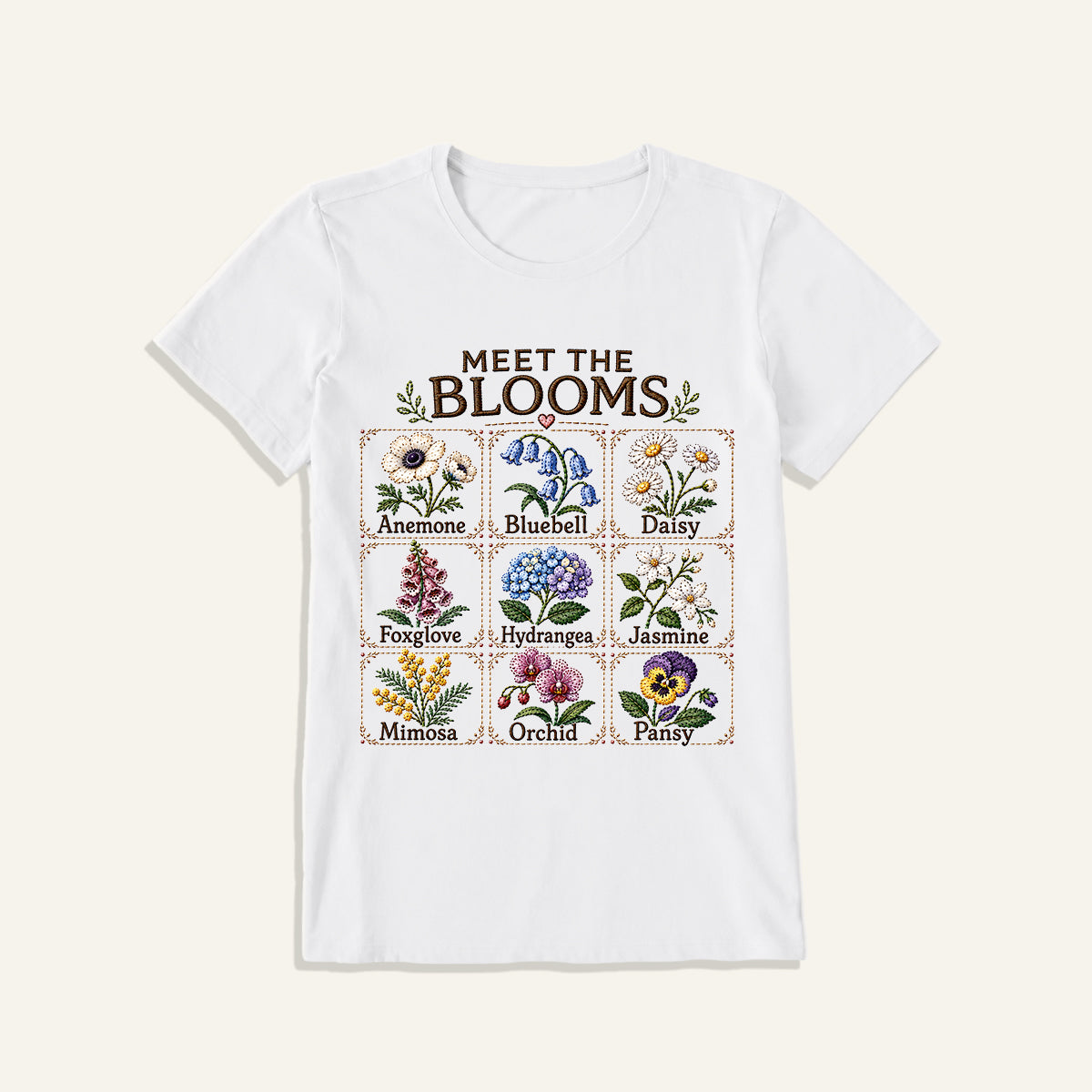 Meet the Blooms Embroidery Chart Print Crew Neck Cotton Tee