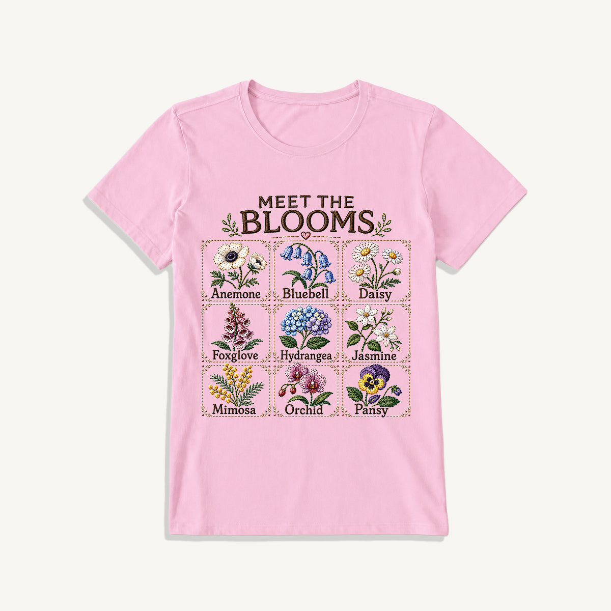 Meet the Blooms Embroidery Chart Print Crew Neck Cotton Tee