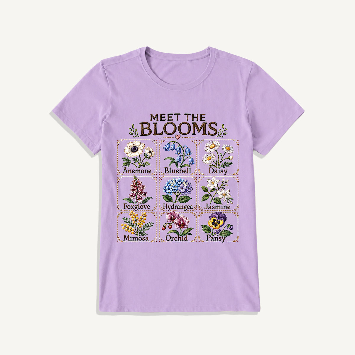 Meet the Blooms Embroidery Chart Print Crew Neck Cotton Tee