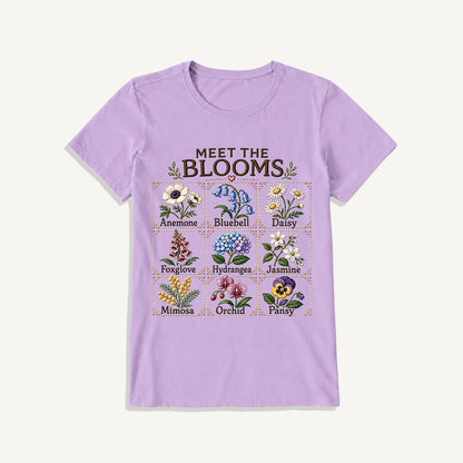 Meet the Blooms Embroidery Chart Print Crew Neck Cotton Tee