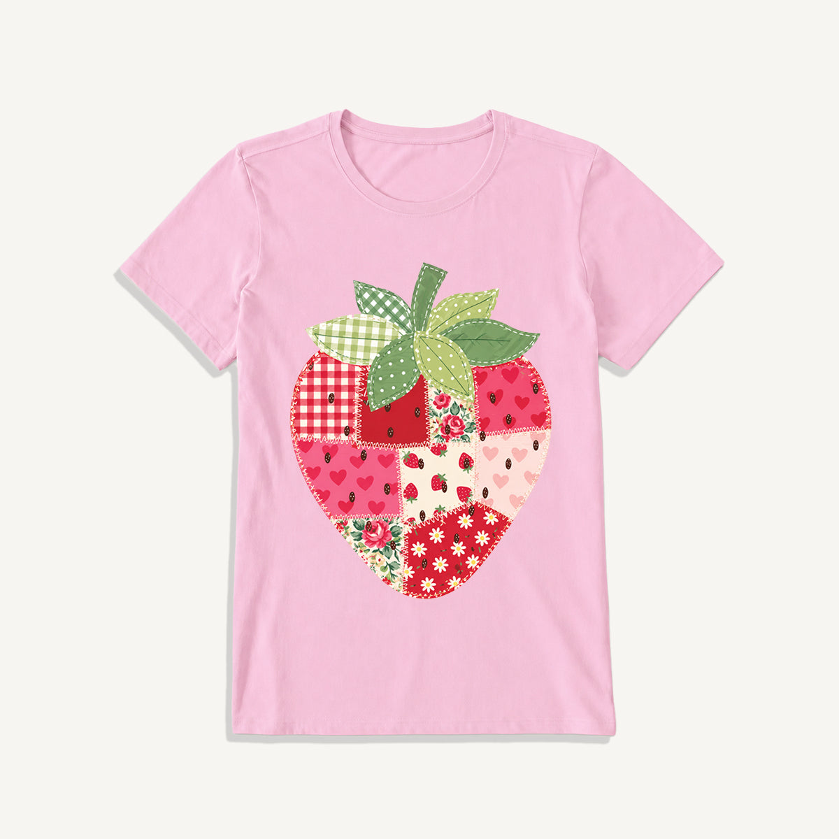 Folk Patchwork Strawberry Print Crew Neck Cotton Tee