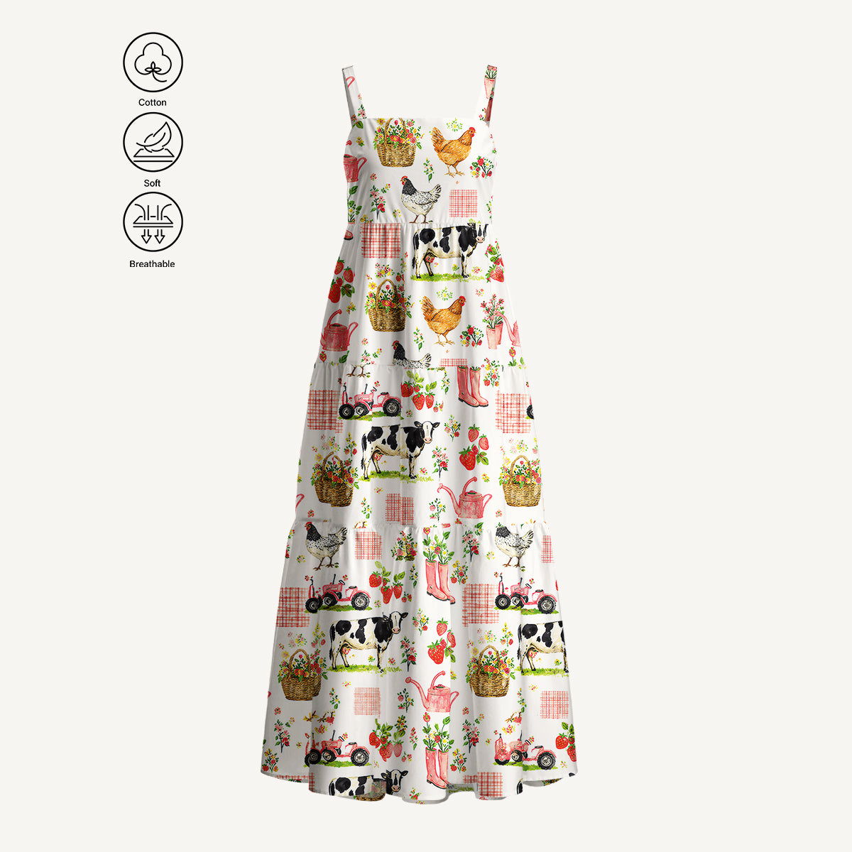 Watercolor Pink Farm Chicken Cow Print Cotton Wide Straps Maxi Dress With Pockets
