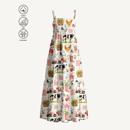 Watercolor Pink Farm Chicken Cow Print Cotton Wide Straps Maxi Dress With Pockets