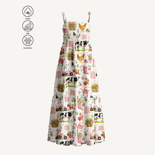 Watercolor Pink Farm Chicken Cow Print Cotton Wide Straps Maxi Dress With Pockets