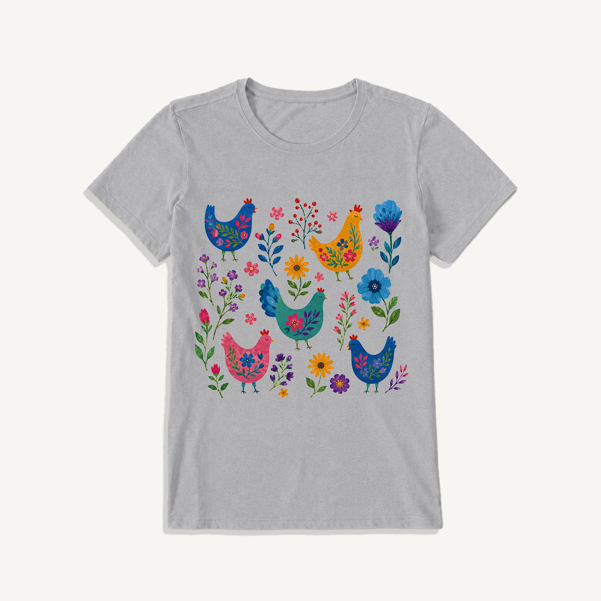 Colorful Folk Hens Print Crew Neck Cotton Tee