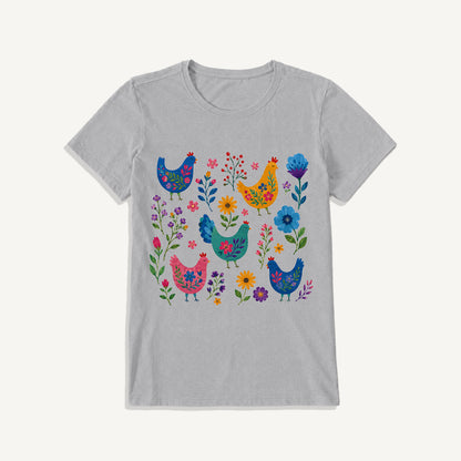 Colorful Folk Hens Print Crew Neck Cotton Tee