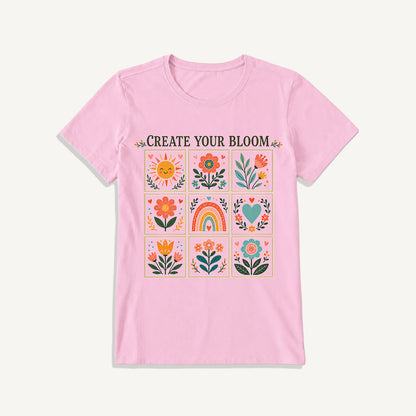 Folk Art Bloom Grid Print Crew Neck Cotton Tee